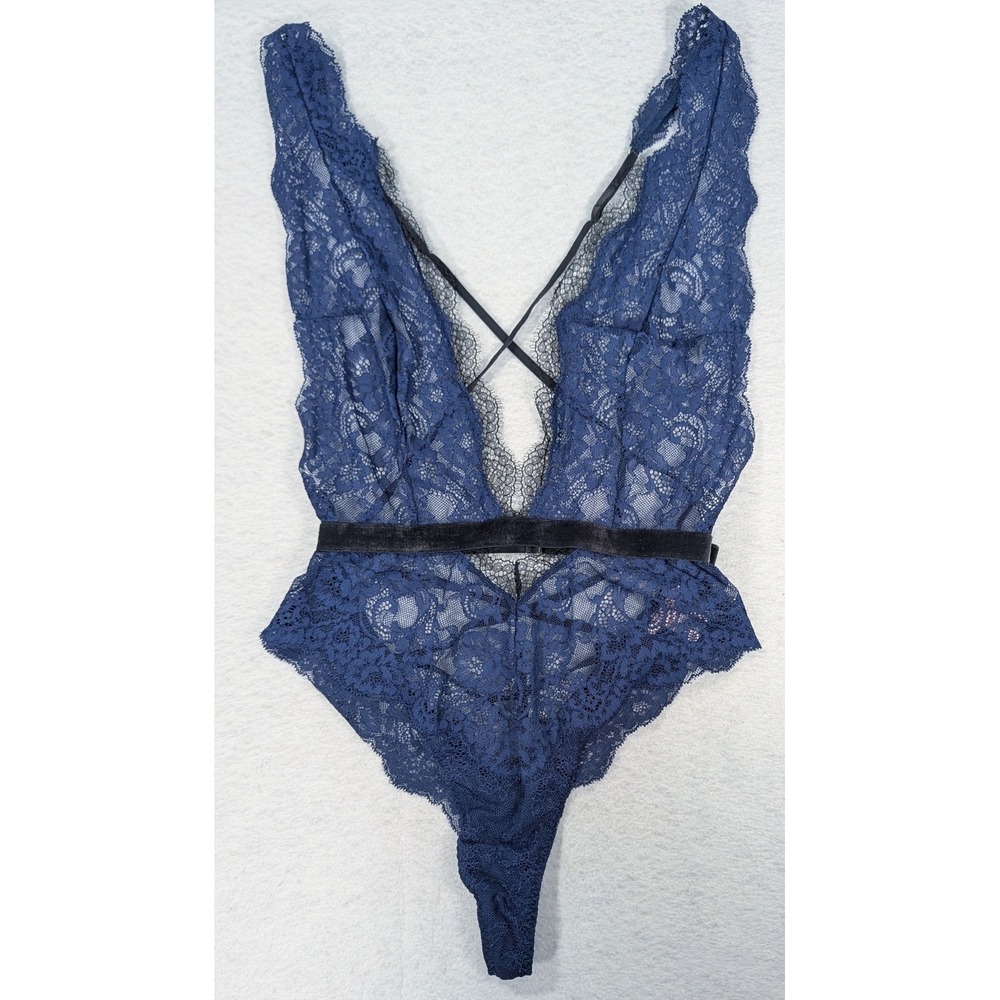 Victoria's Secret Navy Blue Lace Teddy Bodysuit Corset Back Small 357679-73G